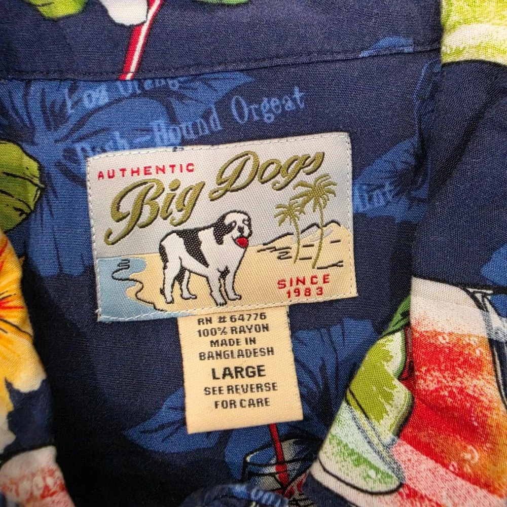 Big Dogs Mens Large Hawaiian Shirt Navy Blue Cocktail Drink rayon vintage y2k